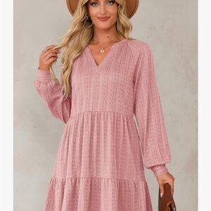 Women’s Pink Textured V-Neck Tiered Dress - Dokotoo